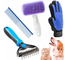 Dog Grooming Kit with Self Cleaning Slicker Brush, Pet Hair Remover Massage Gloves, Shedding Dematting Steel Comb for Long & Short Haired Cats Dogs, 4 Count