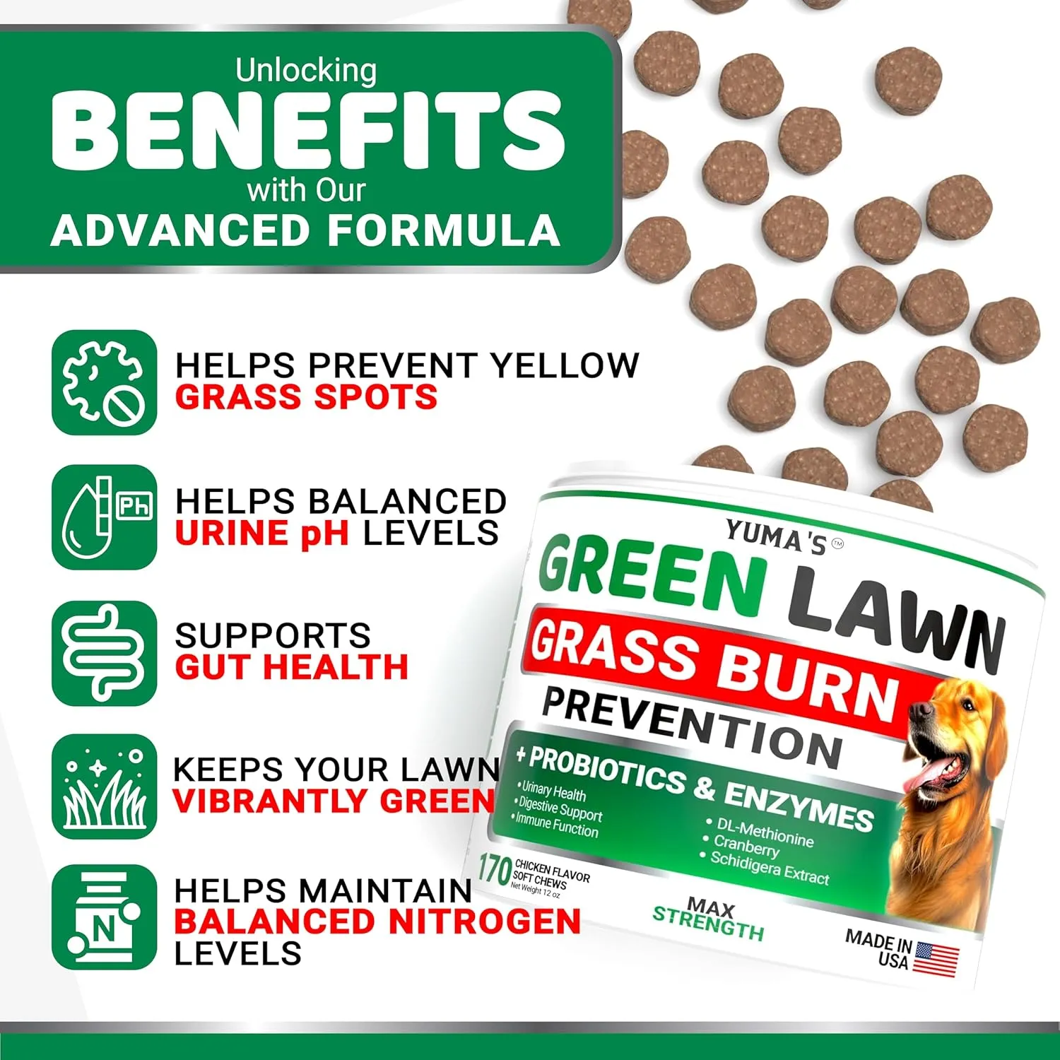 Dog Urine Neutralizer for Lawn - 170 Chews - Advanced Grass Green Savers for Dog Urine - Canine Pee Grass Neutralizer Supplement - Green Lawn Treats with Probiotics and Digestive Enzymes