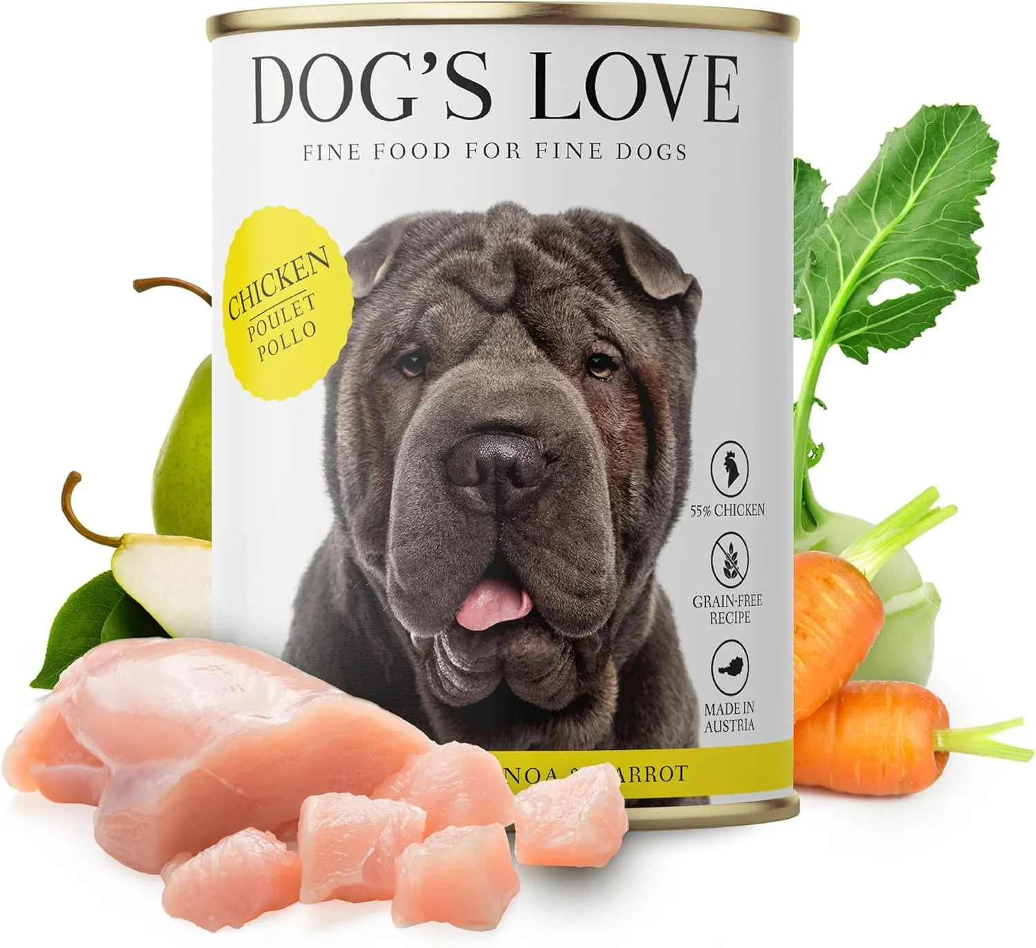 DOG'S LOVE Wet Dog Food 14.1 Oz (Pack of 6) for Adult Dogs of All Breeds  Chicken, Vegetable & Fruit Canned Dog Food  Human-Grade and 100% Grain Free  High-Protein Food  Made in Austria