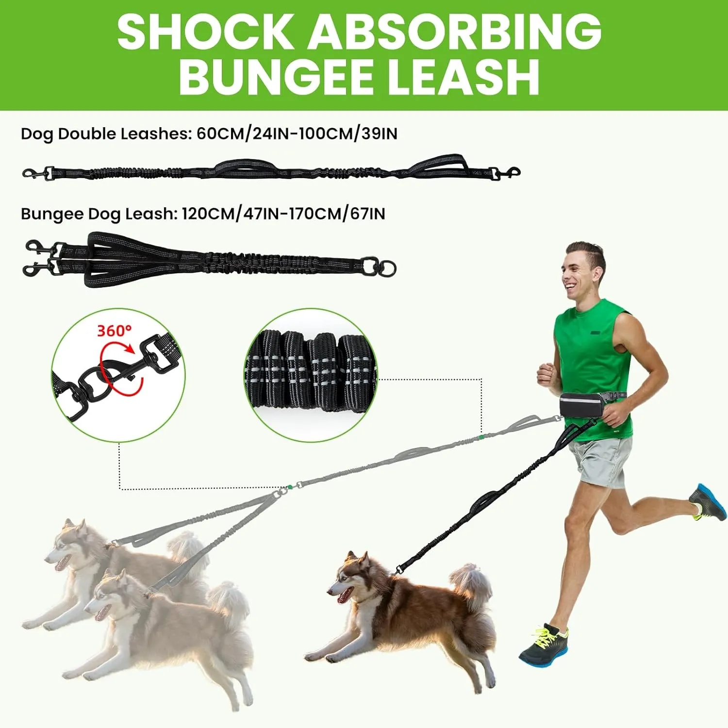 Double Leash for Two Dogs for 2 Dogs with Pouch and 4 Padded Handles for Medium to Large Dogs Running, Walking, Hiking