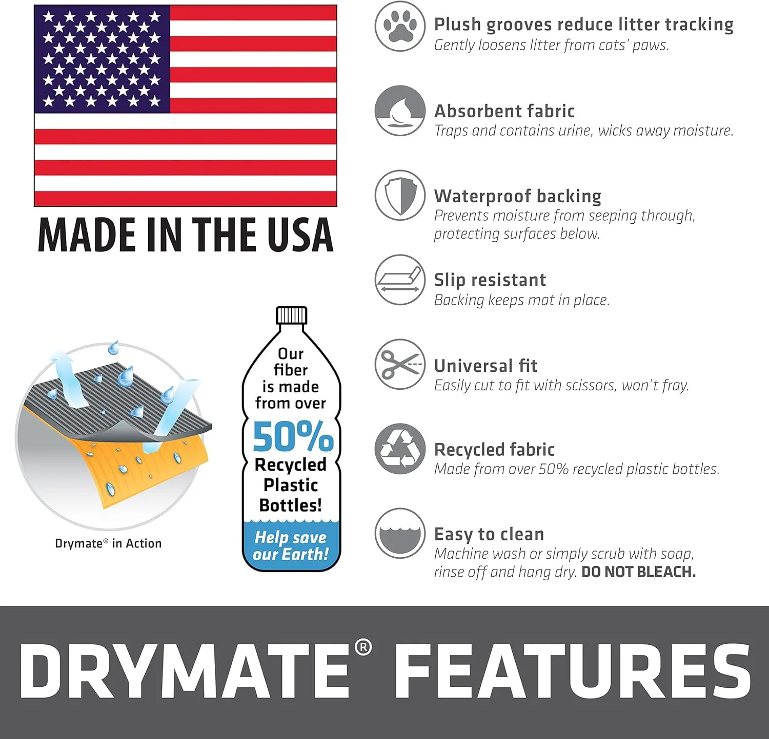 Drymate Jumbo Plush Cat Litter Trapping Mat, Traps Mess from Box, Protects Floors, Urine-Proof, Machine Washable, Soft on Kitty Paws, Absorbent, Waterproof (USA Made, Recycled Content) (30"x45")(Dark)