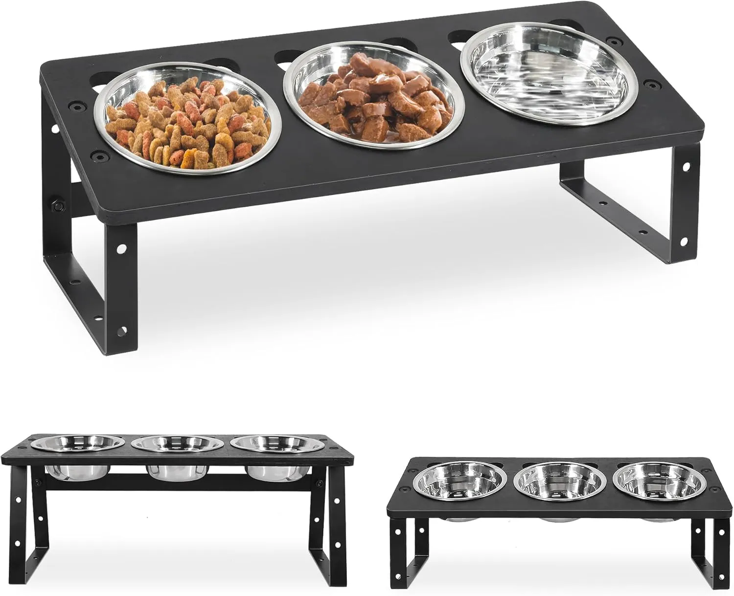 Elevated Cat Bowls, 15Tilted Raised Cat Bowls for Food and Water, Pet Bowls for Indoor Cats Puppy, Adjustable Dog Bowls Stand with 3 Stainless Steel Feeder Bowls Anti Vomit Dishwasher Safe