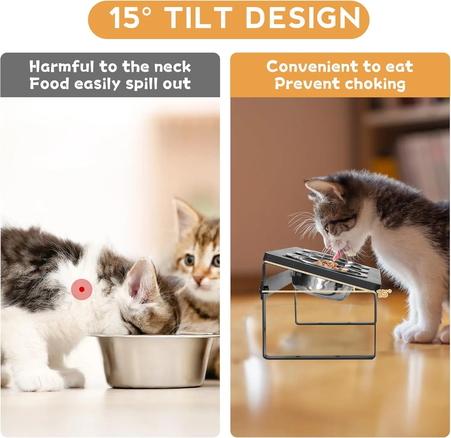 Elevated Cat Bowls, 15Tilted Raised Cat Bowls for Food and Water, Pet Bowls for Indoor Cats Puppy, Adjustable Dog Bowls Stand with 3 Stainless Steel Feeder Bowls Anti Vomit Dishwasher Safe