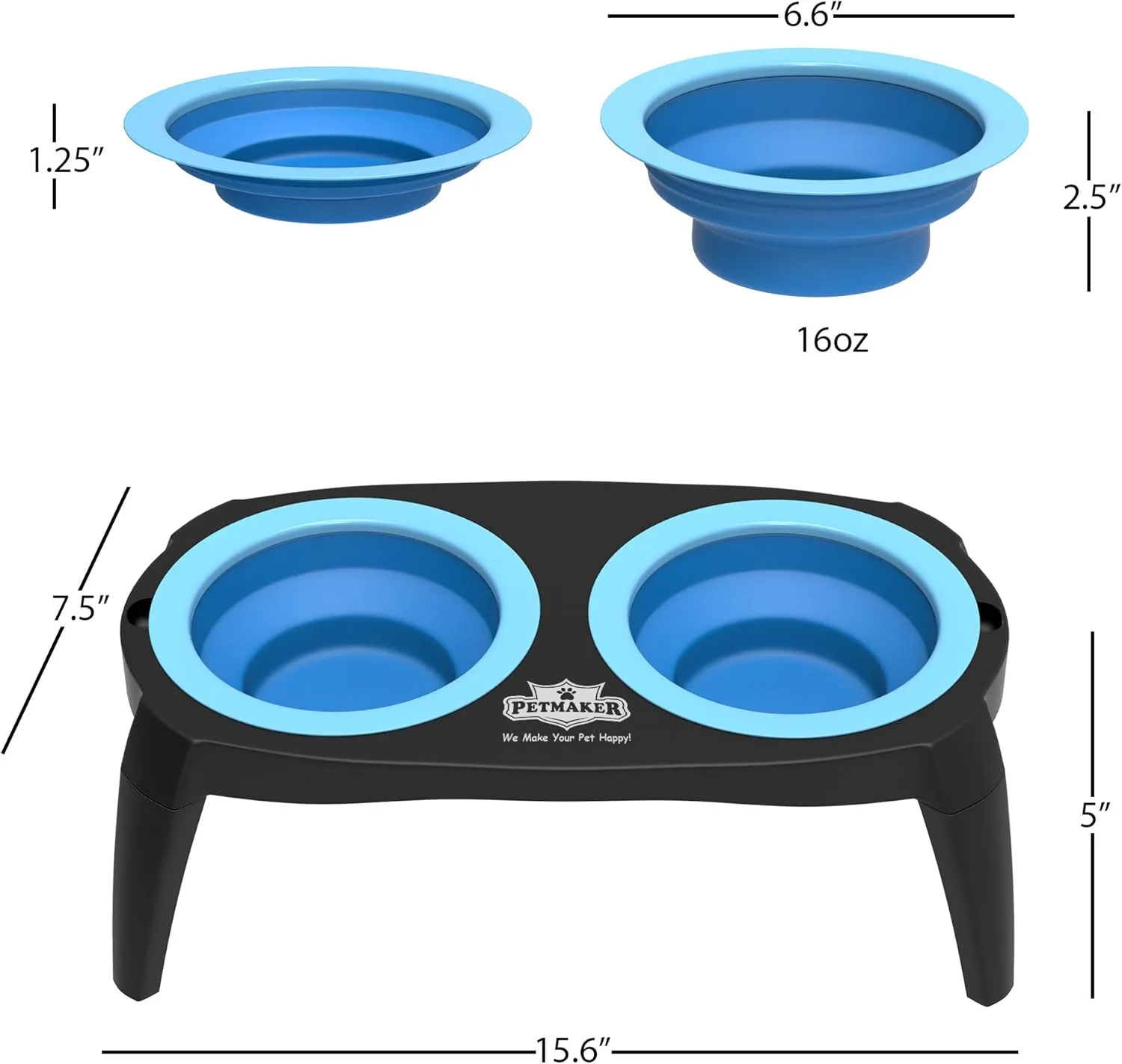 Elevated Pet Bowls Collection with Non Slip Stand for Dogs and Cats-Removeable and Collapsible Silicone Feeder for Food and Water- 16 Oz Each by PETMAKER (Pink), Blue