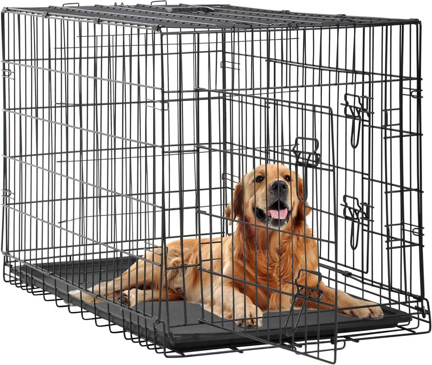 FDW 48 Inch Dog Crate Dog Kennel Cage with Double Door Folding Metal Wire Dog Cage with Removable Tray&Divider Panel for Large Dogs,Black