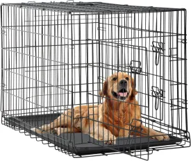 FDW 48 Inch Dog Crate Dog Kennel Cage with Double Door Folding Metal Wire Dog Cage with Removable Tray&Divider Panel for Large Dogs,Black