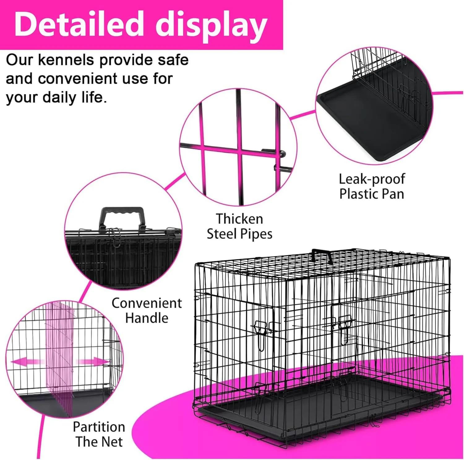 FDW 48 Inch Dog Crate Dog Kennel Cage with Double Door Folding Metal Wire Dog Cage with Removable Tray&Divider Panel for Large Dogs,Black