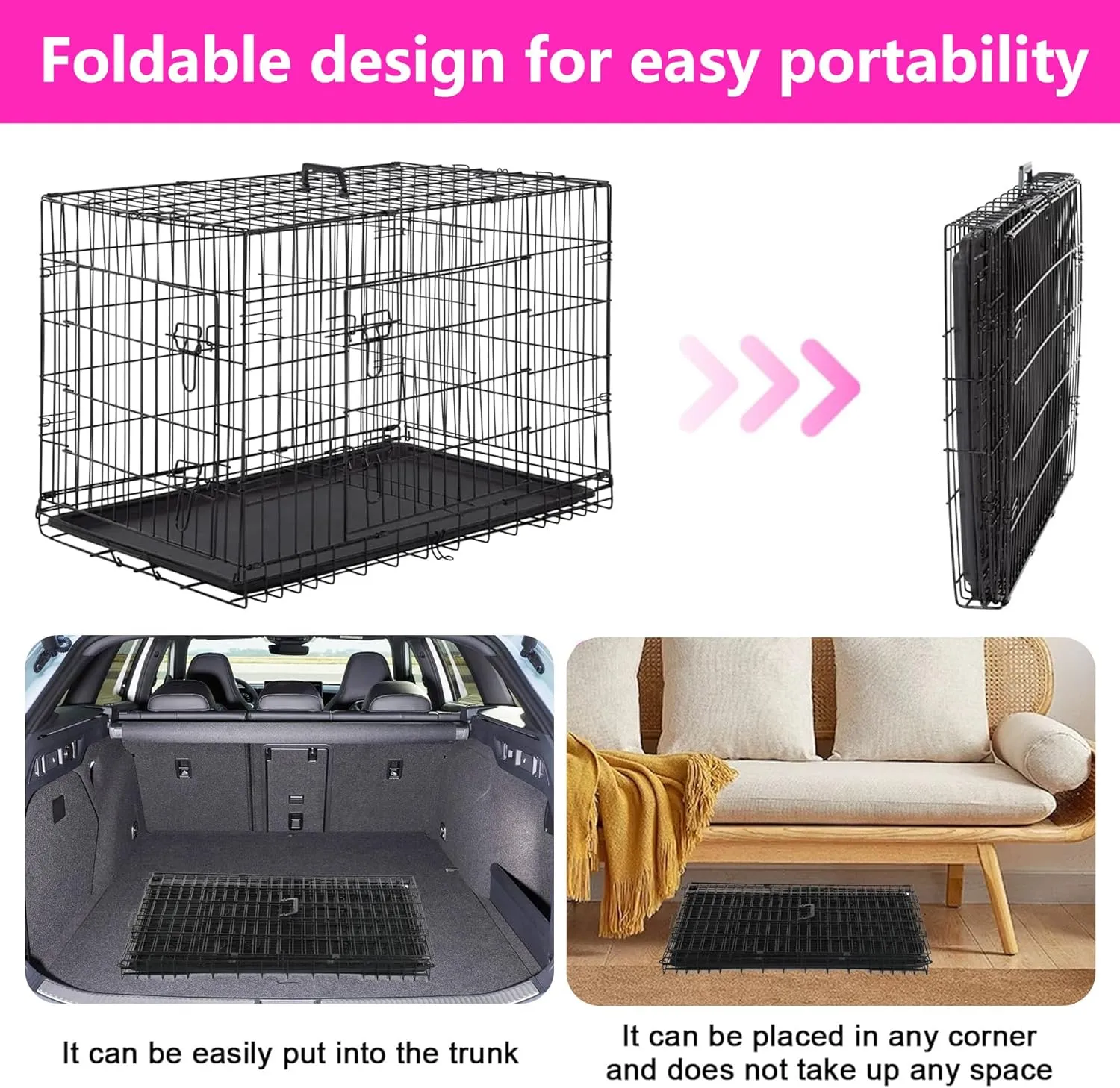 FDW 48 Inch Dog Crate Dog Kennel Cage with Double Door Folding Metal Wire Dog Cage with Removable Tray&Divider Panel for Large Dogs,Black