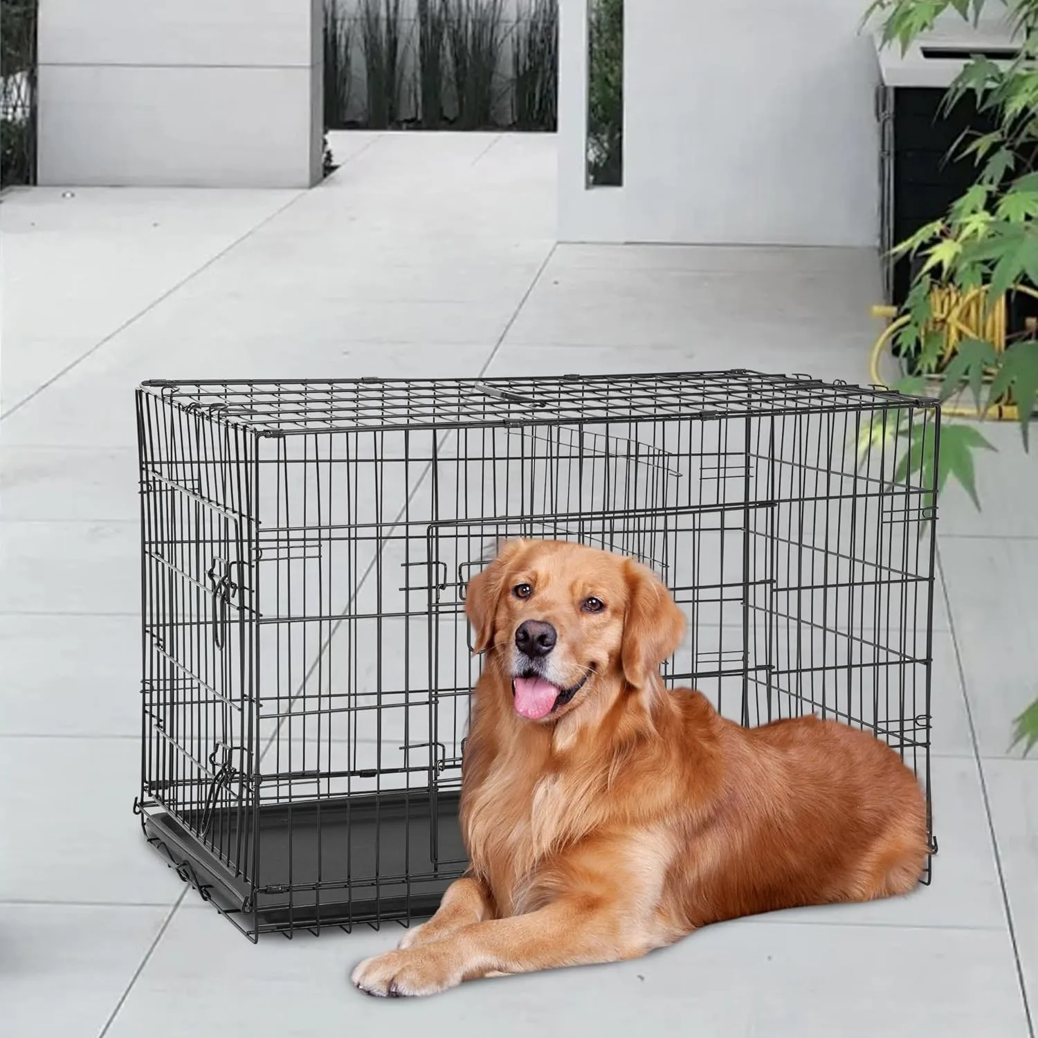 FDW 48 Inch Dog Crate Dog Kennel Cage with Double Door Folding Metal Wire Dog Cage with Removable Tray&Divider Panel for Large Dogs,Black