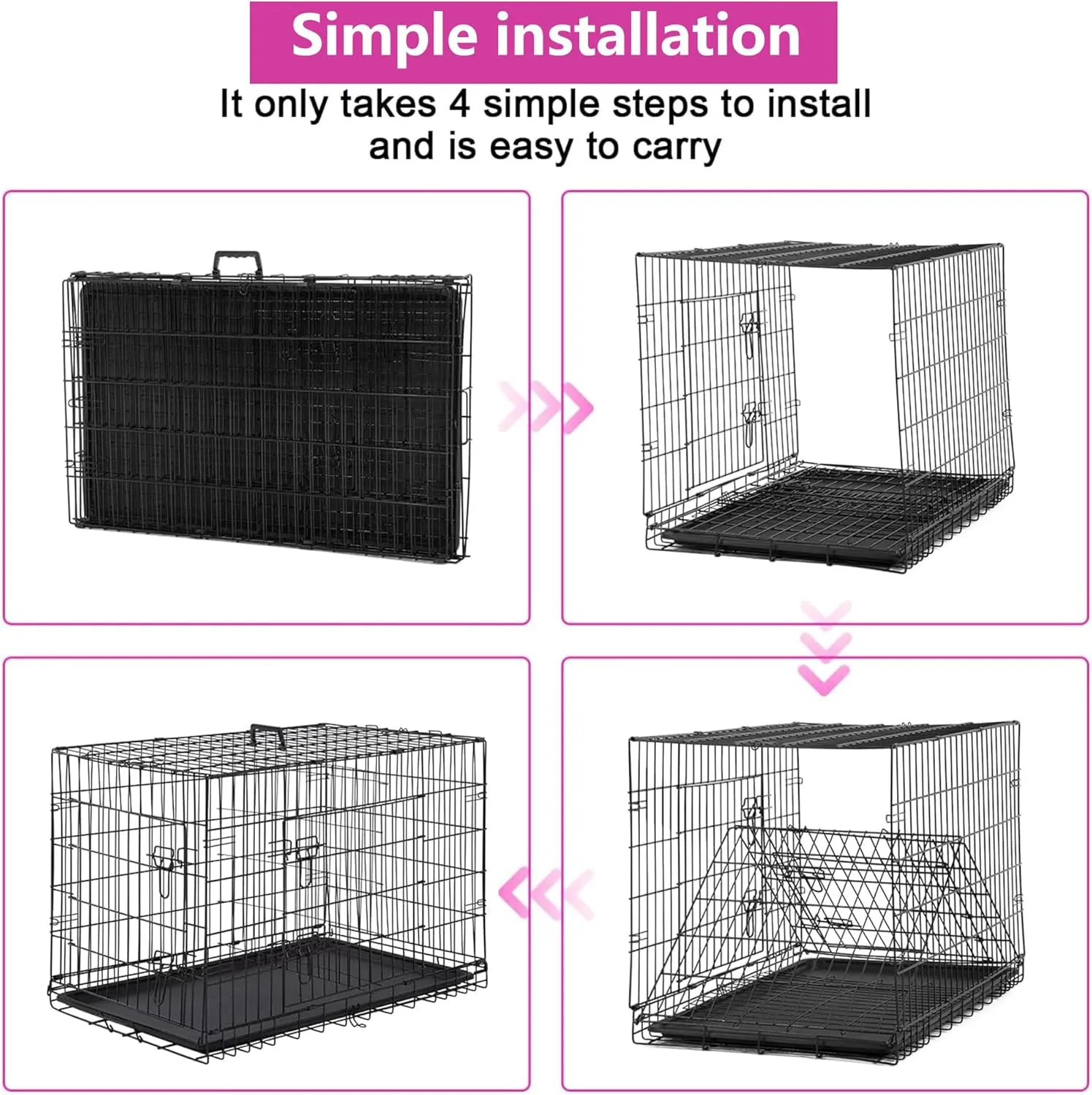 FDW 48 Inch Dog Crate Dog Kennel Cage with Double Door Folding Metal Wire Dog Cage with Removable Tray&Divider Panel for Large Dogs,Black