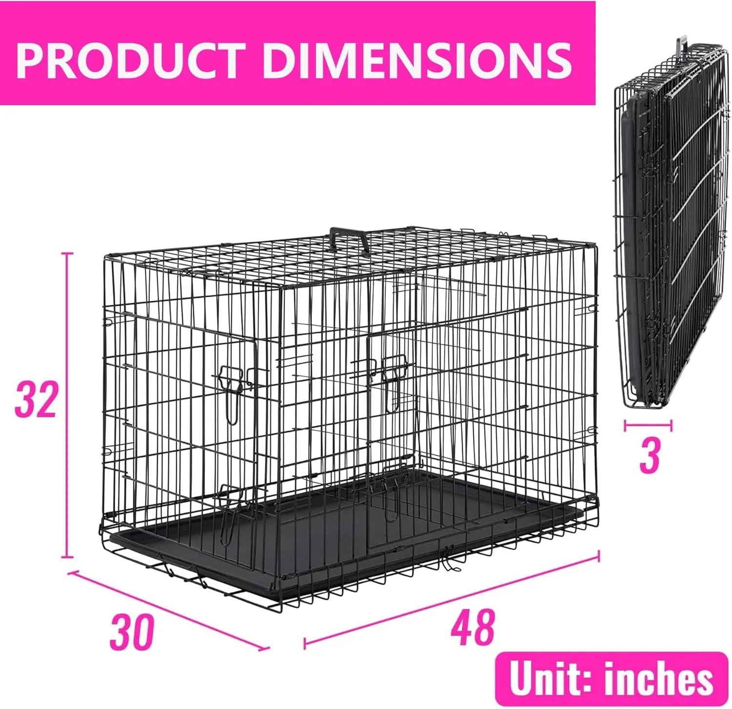 FDW 48 Inch Dog Crate Dog Kennel Cage with Double Door Folding Metal Wire Dog Cage with Removable Tray&Divider Panel for Large Dogs,Black