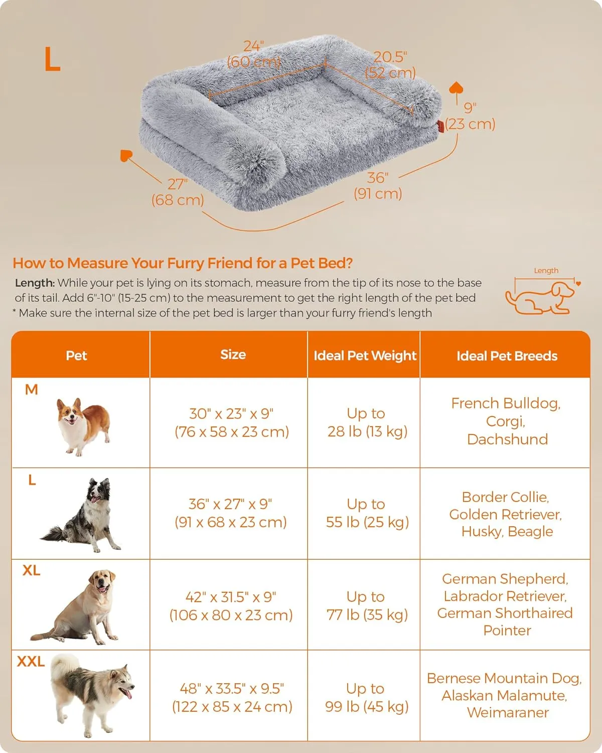 Feandrea Dog Bed, Orthopaedic Dog Sofa Bed for Medium Dogs, Waterproof Ped Bed with Removable Washable Cover, 36 x 27 x 9 Inches, Gray Ombr UPGW232G01