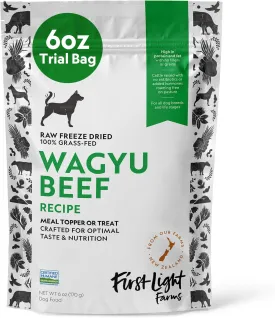 First Light Farms Freeze-Dried Dog Food Topper for Picky Eaters | High Protein Treat | Grain-Free Formula for All Breeds & Life Stages | Premium Wagyu Beef & Certified Humane | 6oz Bag