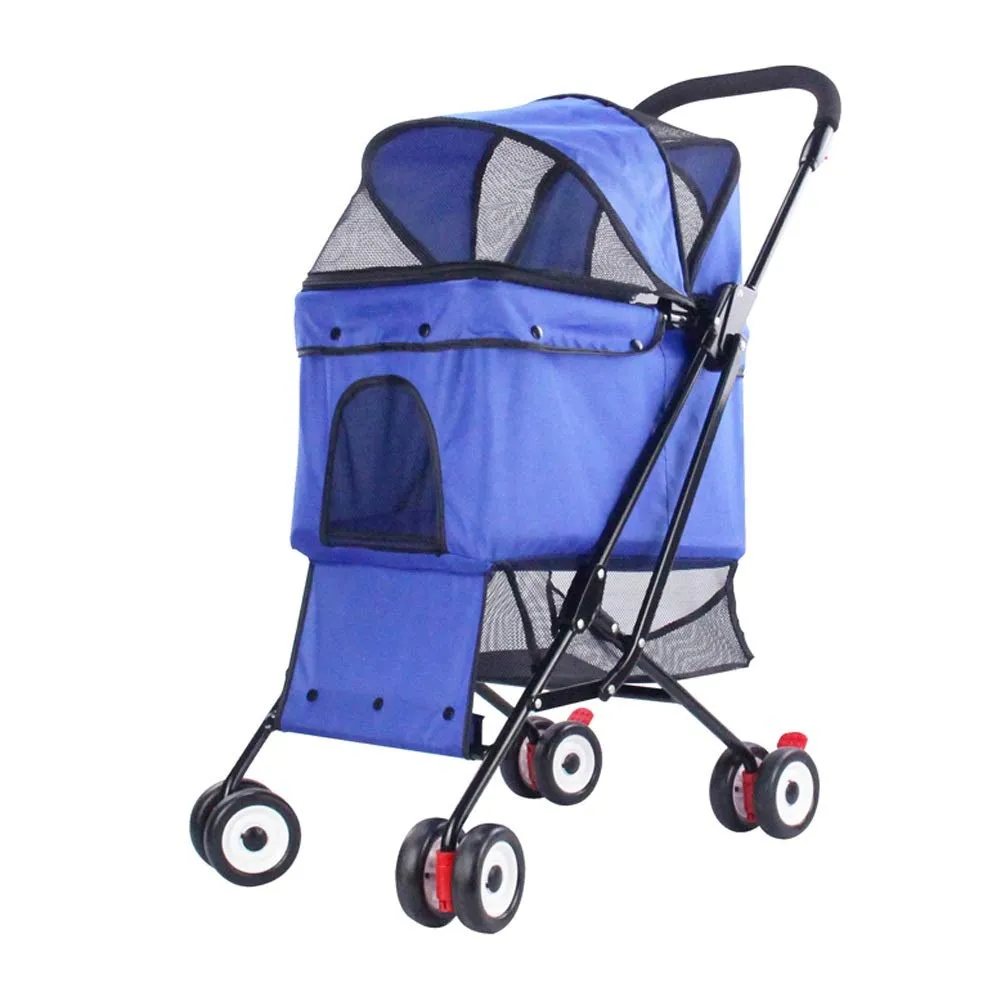 Foldable Pet Travel Stroller Cart, Dog Cat Pushchair Pram Jogger Buggy with 4 Wheels, Front Swivel Wheels and Rear Brake (Blue)