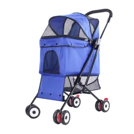 Foldable Pet Travel Stroller Cart, Dog Cat Pushchair Pram Jogger Buggy with 4 Wheels, Front Swivel Wheels and Rear Brake (Blue)