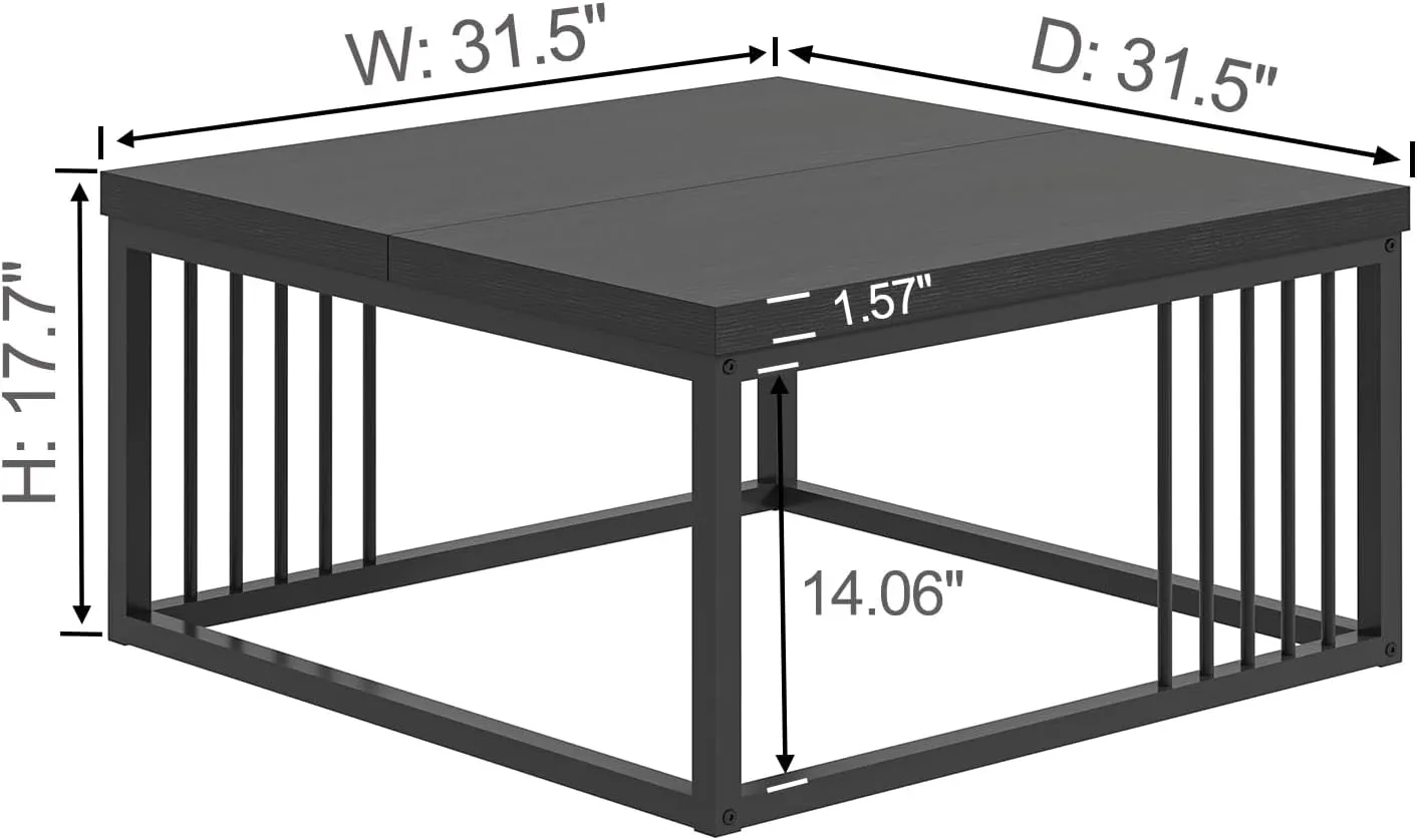 FOLUBAN Black Coffee Table, Modern Square Center Table for Living Room, Industrial Rustic Wood and Metal Cocktail Tea Table, 31.5 Inch