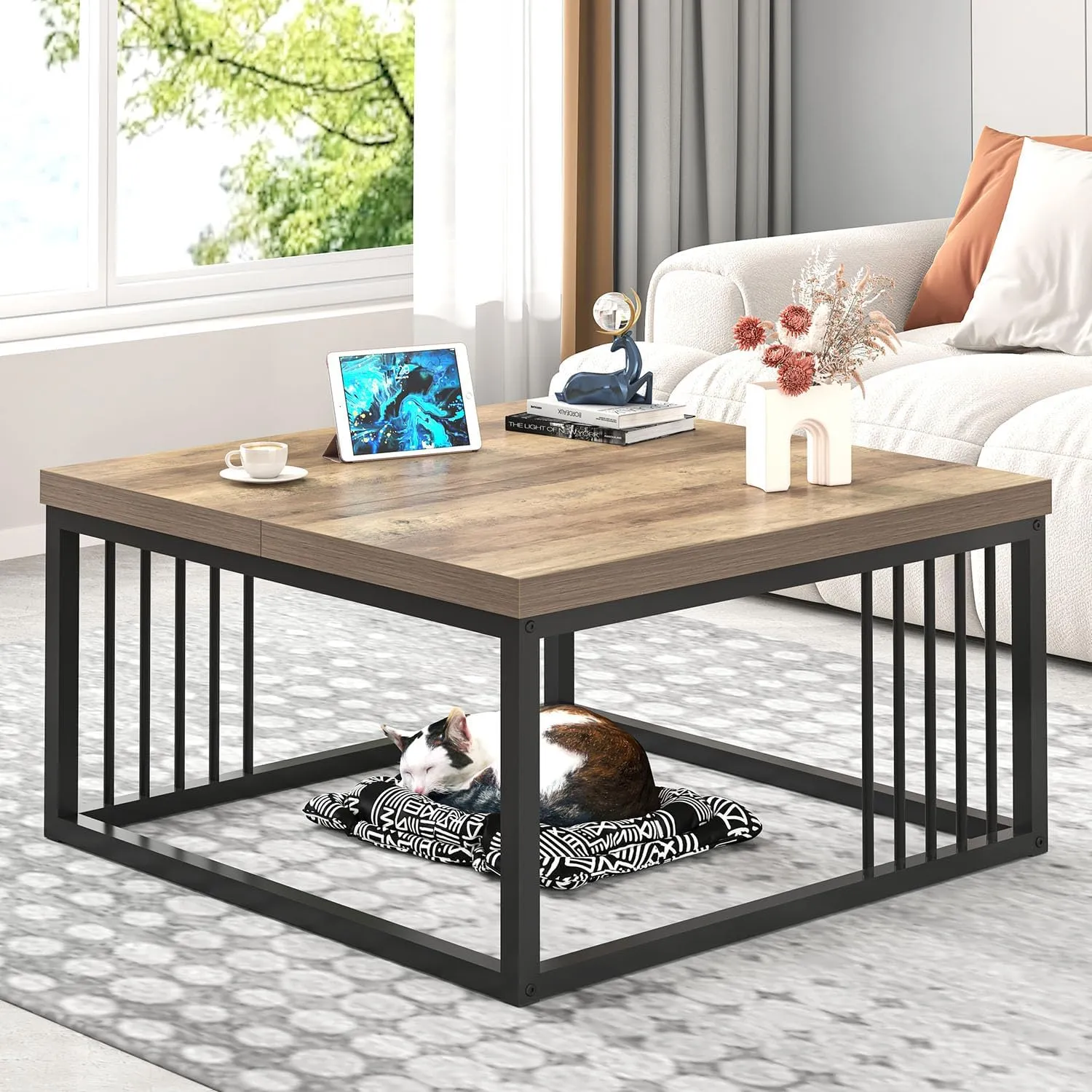 FOLUBAN Coffee Table, Modern Square Center Table for Living Room, Industrial Rustic Wood and Metal Cocktail Tea Table, 31.5 Inch, Oak
