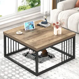 FOLUBAN Coffee Table, Modern Square Center Table for Living Room, Industrial Rustic Wood and Metal Cocktail Tea Table, 31.5 Inch, Oak