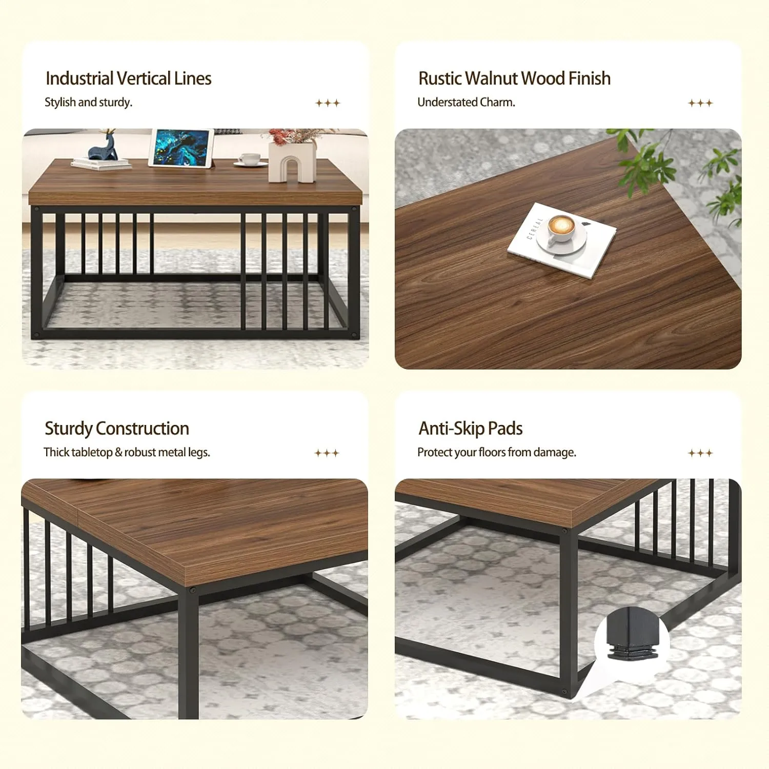 FOLUBAN Square Coffee Table, Modern Center Table with Split Tabletop for Living Room, Rustic Walnut