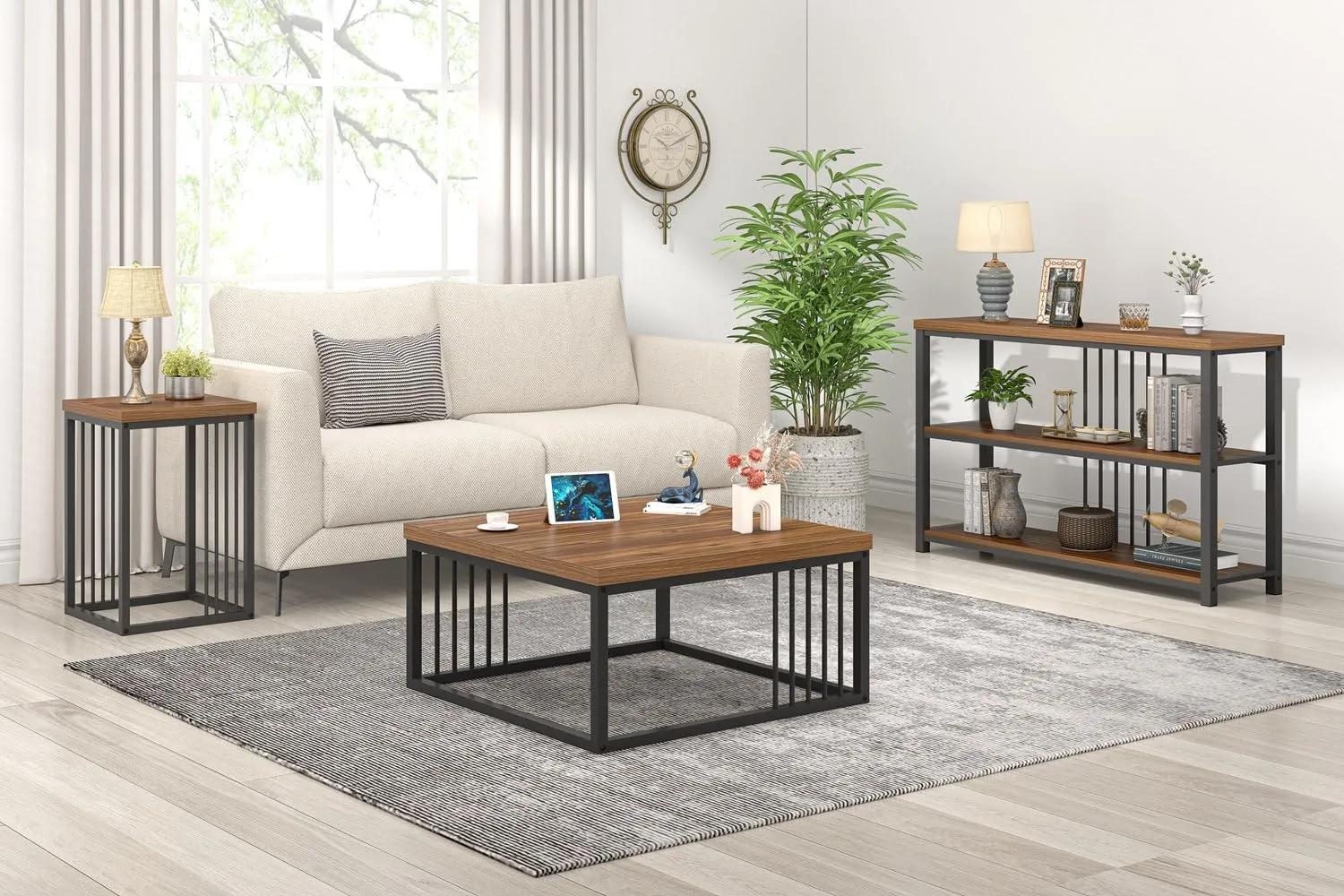 FOLUBAN Square Coffee Table, Modern Center Table with Split Tabletop for Living Room, Rustic Walnut