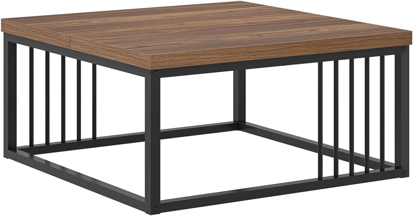 FOLUBAN Square Coffee Table, Modern Center Table with Split Tabletop for Living Room, Rustic Walnut