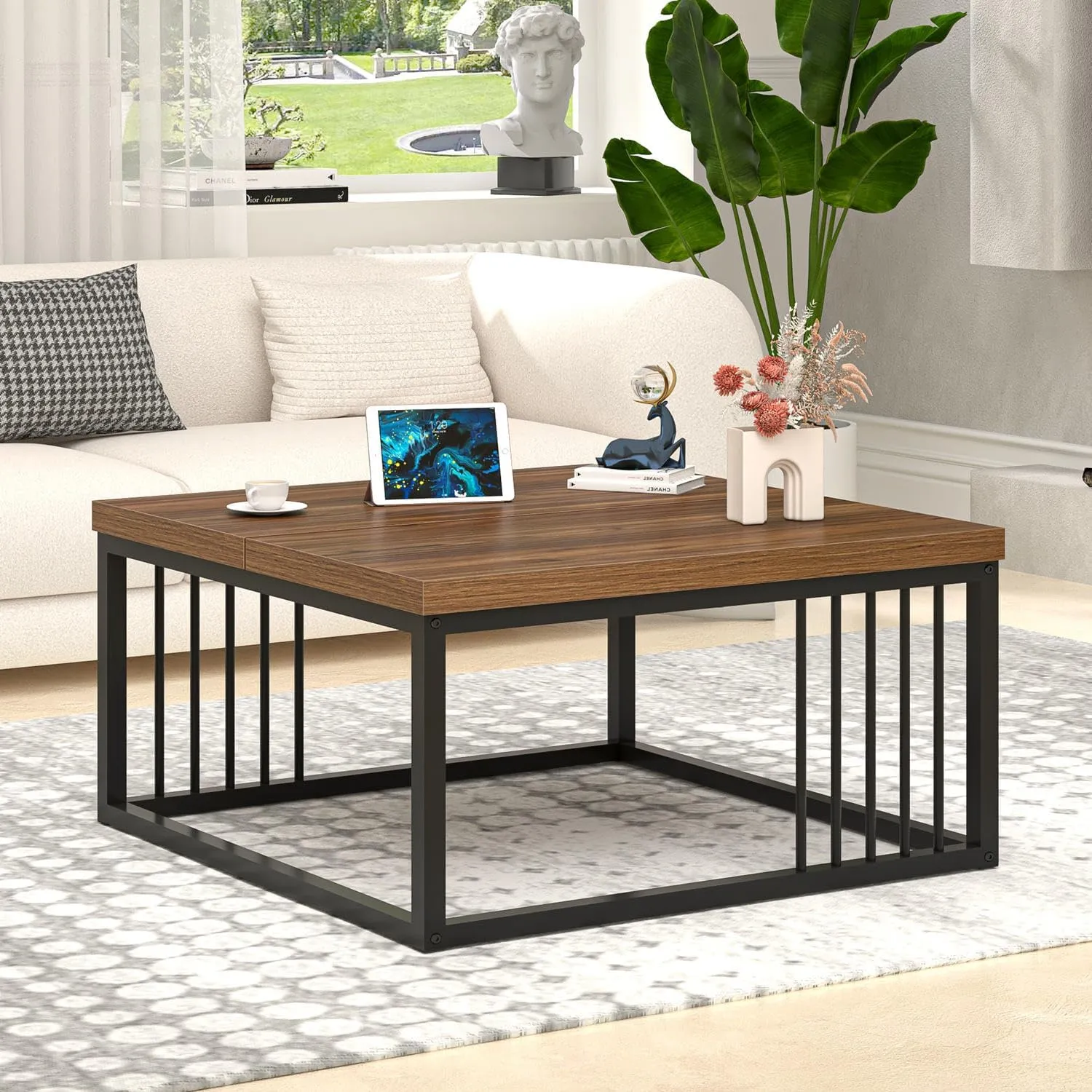 FOLUBAN Square Coffee Table, Modern Center Table with Split Tabletop for Living Room, Rustic Walnut