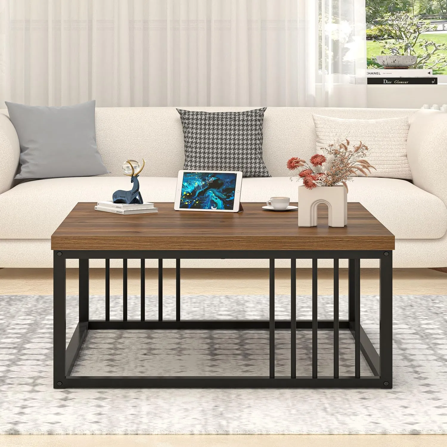 FOLUBAN Square Coffee Table, Modern Center Table with Split Tabletop for Living Room, Rustic Walnut