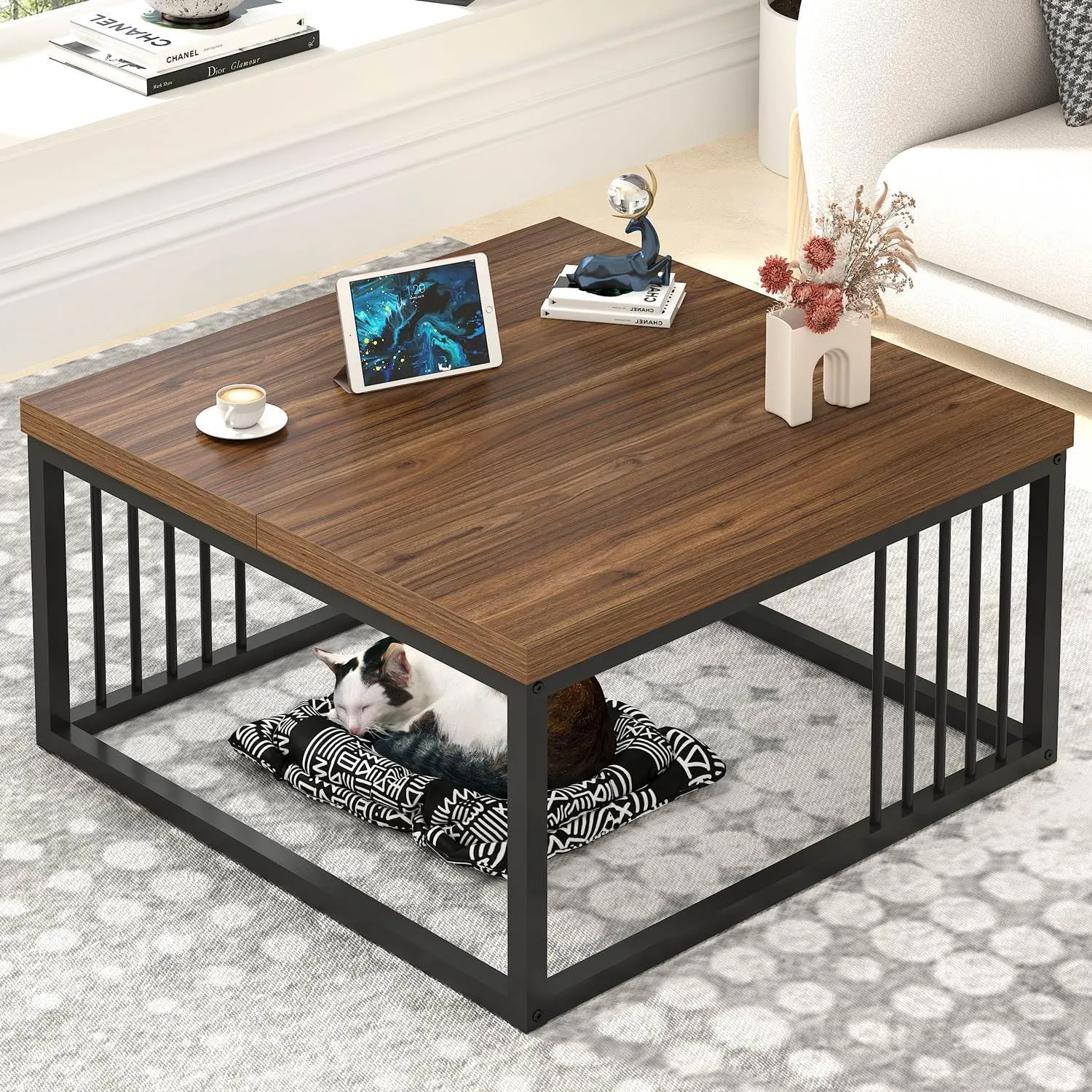 FOLUBAN Square Coffee Table, Modern Center Table with Split Tabletop for Living Room, Rustic Walnut