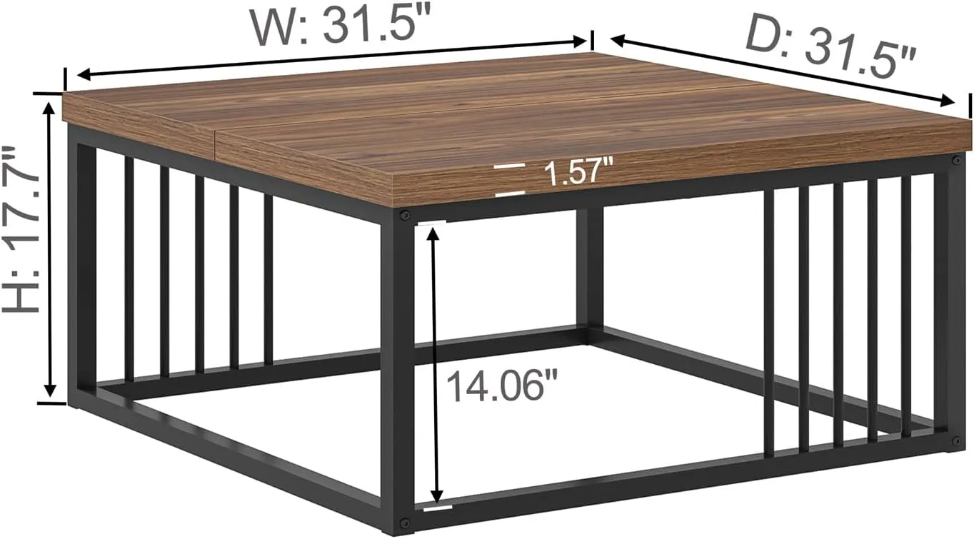 FOLUBAN Square Coffee Table, Modern Center Table with Split Tabletop for Living Room, Rustic Walnut