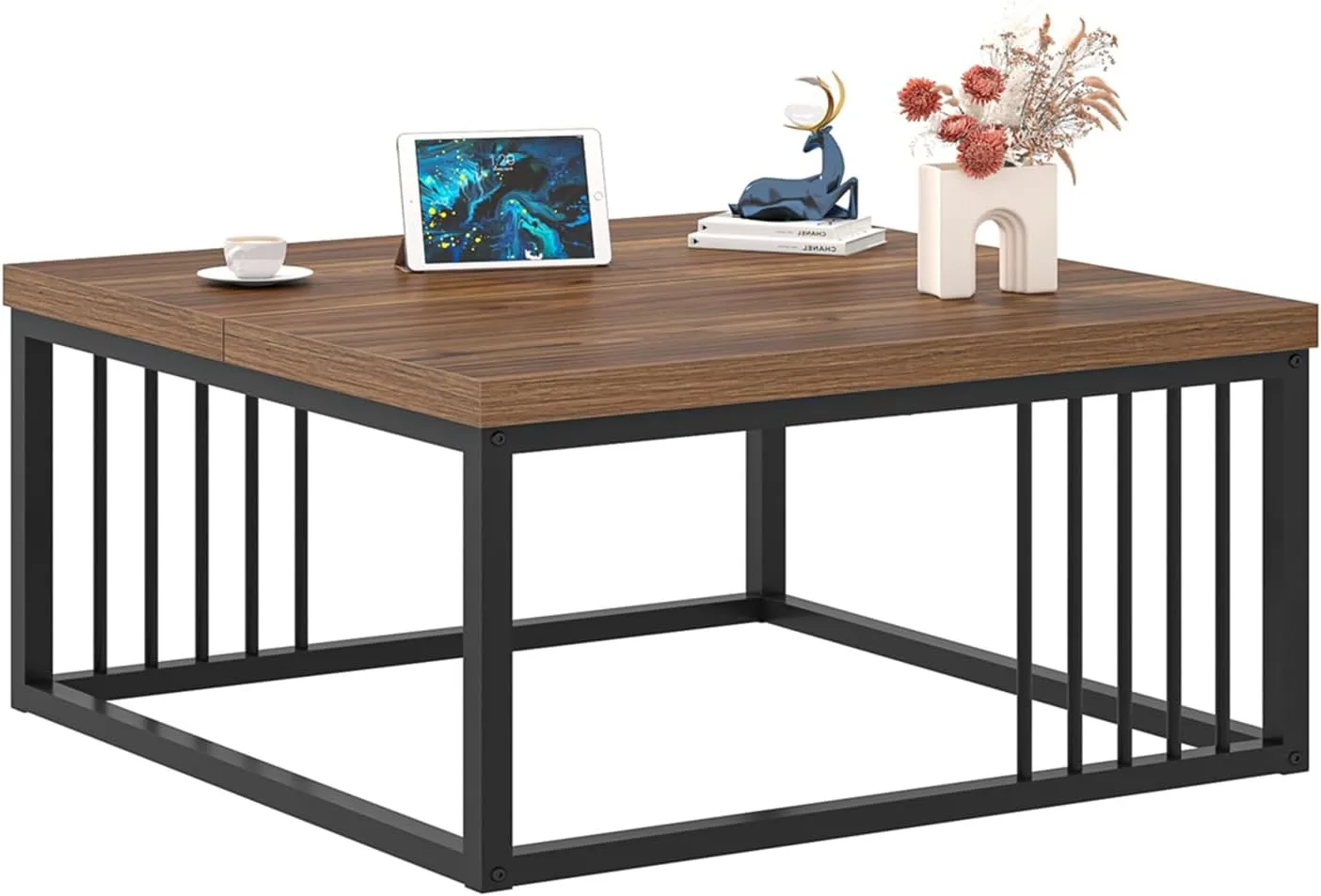 FOLUBAN Square Coffee Table, Modern Center Table with Split Tabletop for Living Room, Rustic Walnut