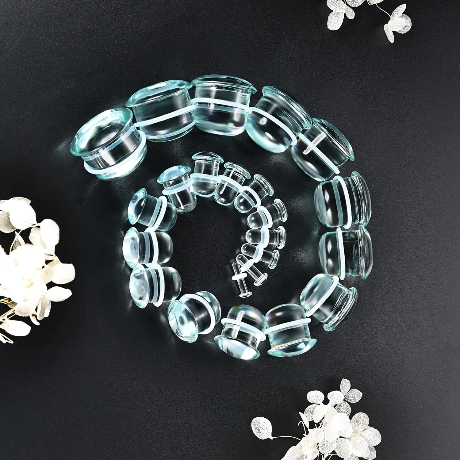 Glass Ear Stretching Kit Single Flare Plugs & Rubber Rings Unique 1mm Increments 3mm-25mm Gradual Sizing Smooth Glass Gauges for Daily Wear Earring Expander Stretcher Piercing Body Jewelry 4Pcs