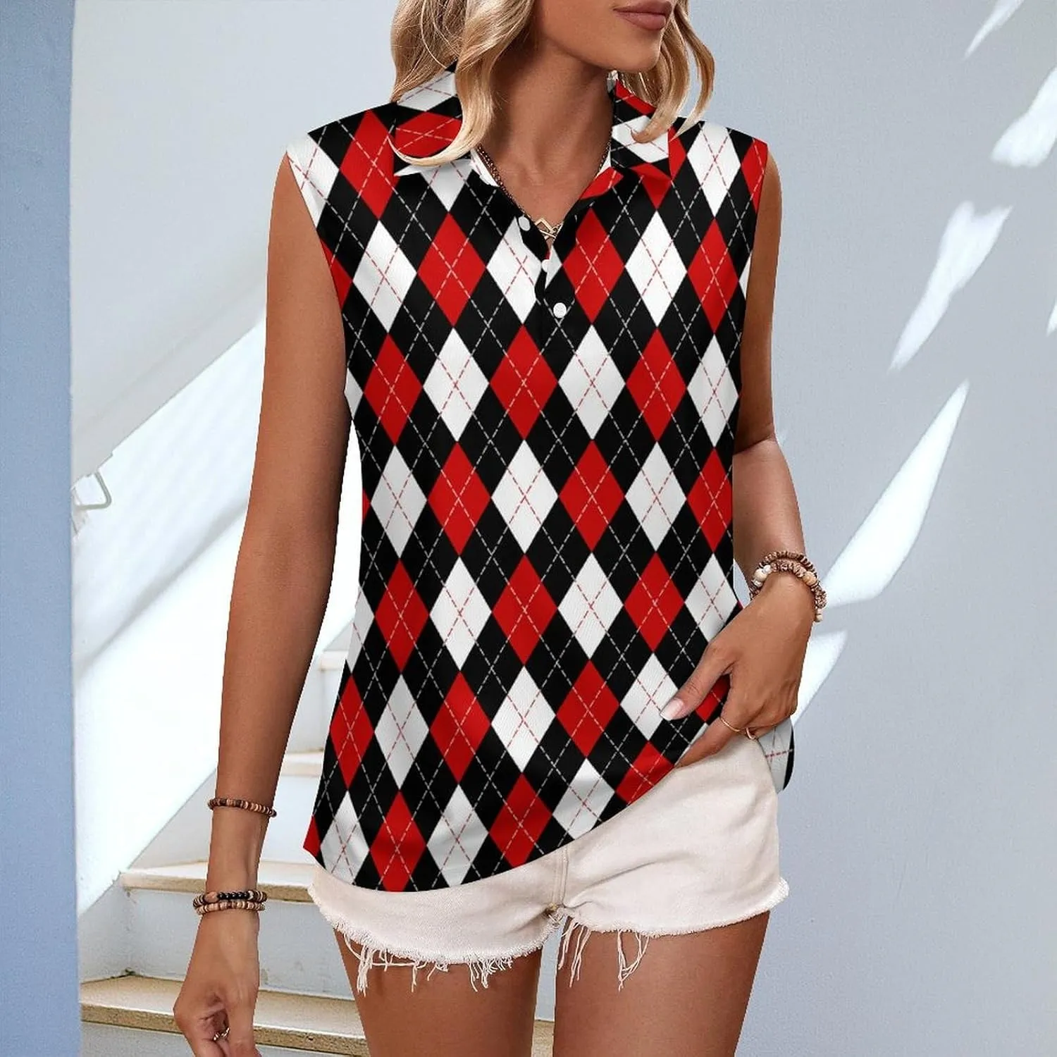 Golf Shirt Womens Sleeveless Moisture Wicking Athletic Printed Polo Golf Tank Top Women (XS-4XL)