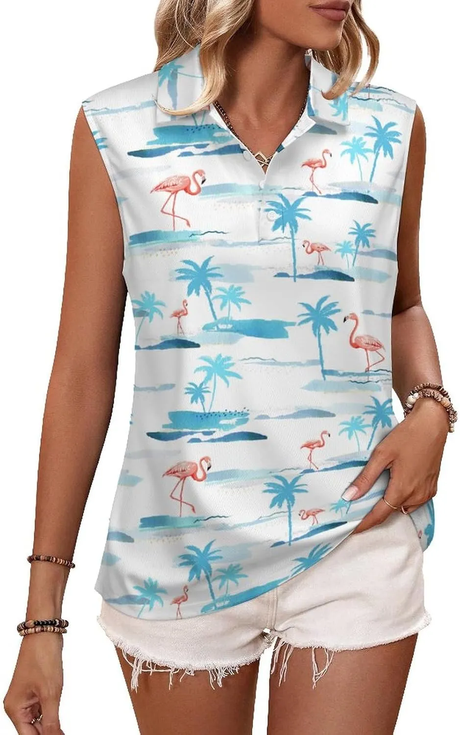 Golf Shirt Womens Sleeveless Moisture Wicking Athletic Printed Polo Golf Tank Top Women (XS-4XL)
