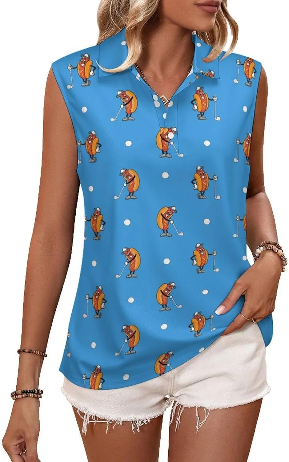 Golf Shirt Womens Sleeveless Moisture Wicking Athletic Printed Polo Golf Tank Top Women (XS-4XL)