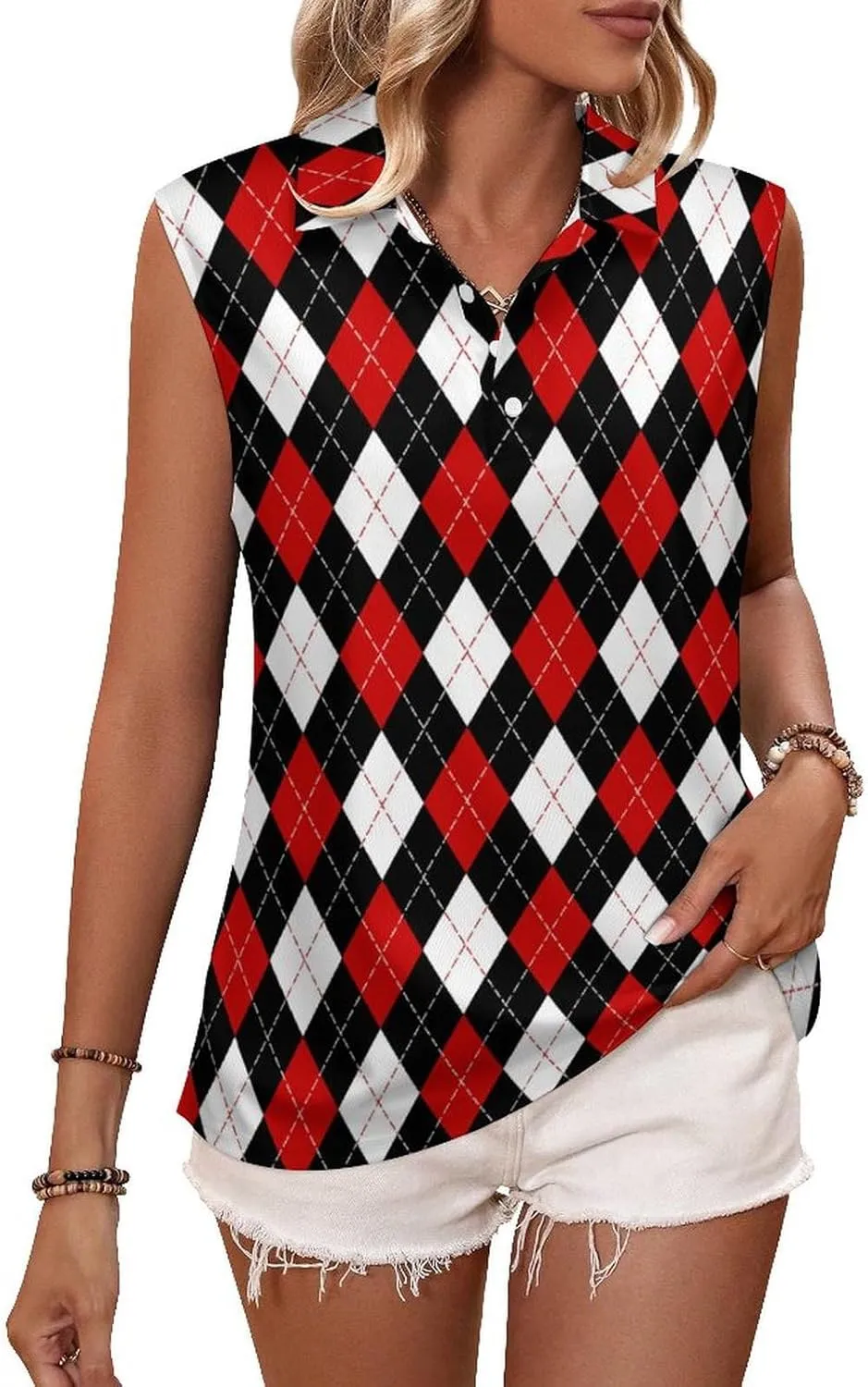 Golf Shirt Womens Sleeveless Moisture Wicking Athletic Printed Polo Golf Tank Top Women (XS-4XL)
