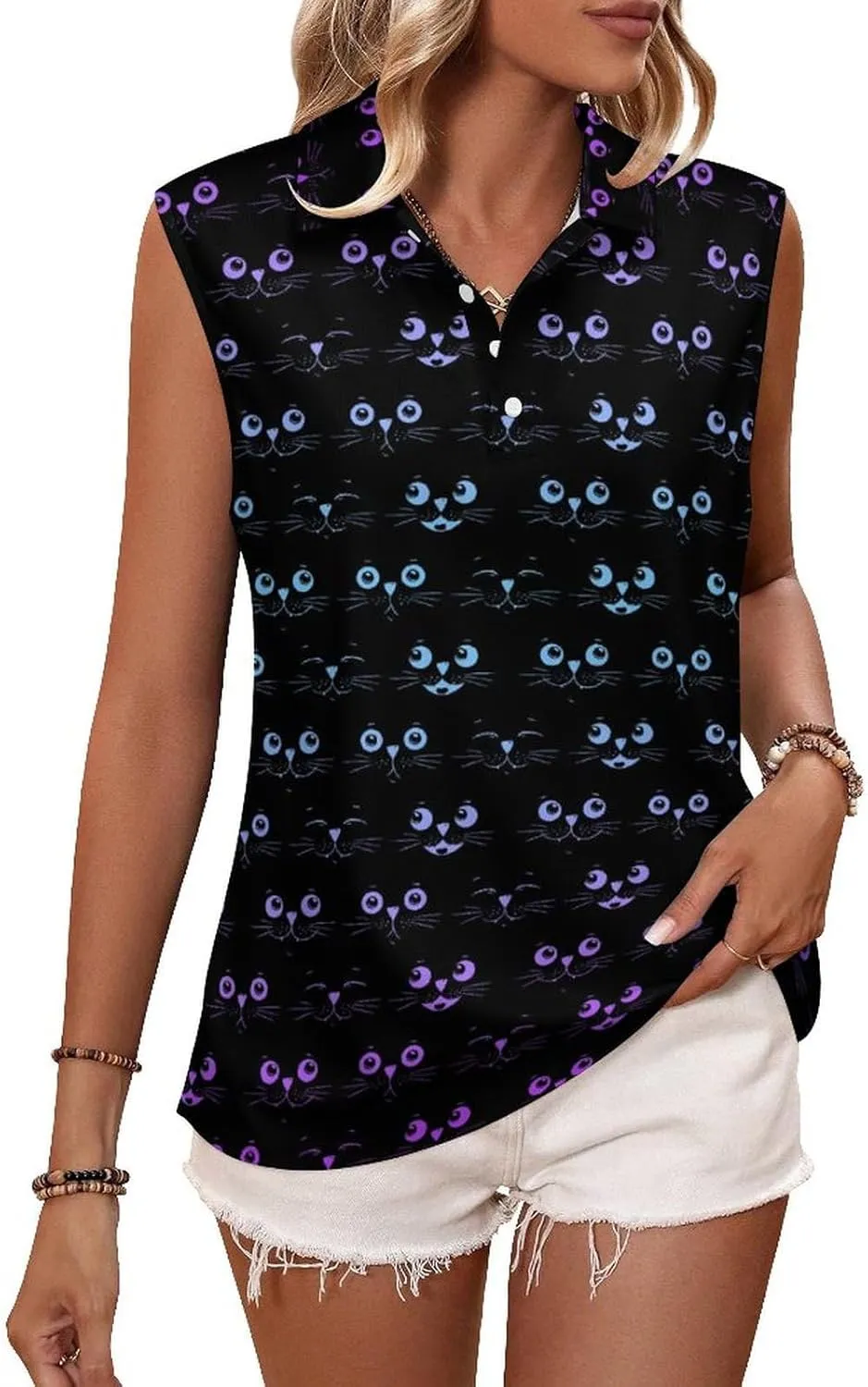 Golf Shirt Womens Sleeveless Moisture Wicking Athletic Printed Polo Golf Tank Top Women (XS-4XL)