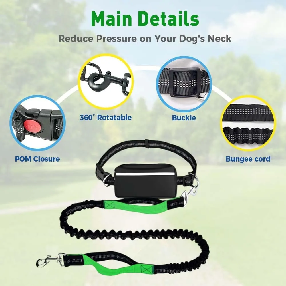 Hands-Free Waist Dog Leash - Adjustable Bungee with Zipper Pouch & Reflective Strips for Running/Walking Medium-Large Dogs (Black, Single Leash)