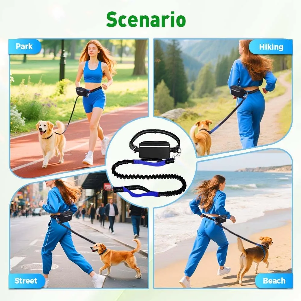 Hands-Free Waist Dog Leash - Adjustable Bungee with Zipper Pouch & Reflective Strips for Running/Walking Medium-Large Dogs (Black, Single Leash)