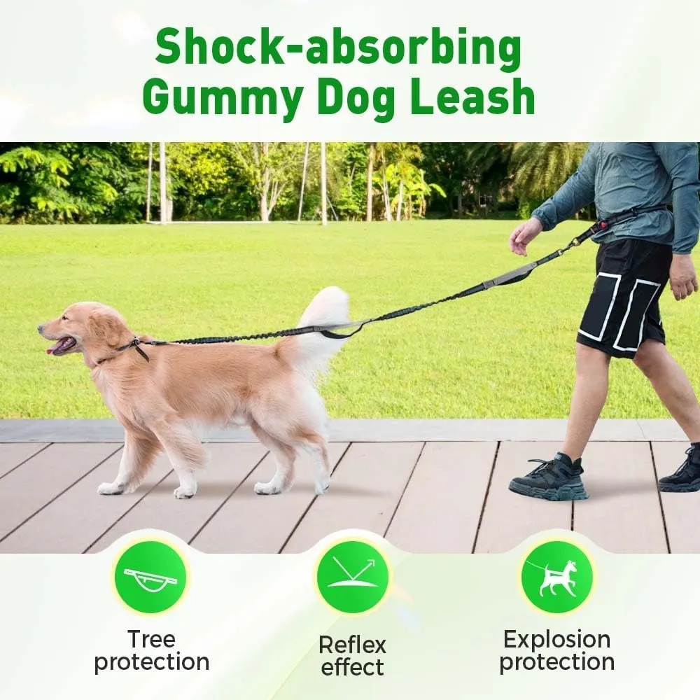 Hands-Free Waist Dog Leash - Adjustable Bungee with Zipper Pouch & Reflective Strips for Running/Walking Medium-Large Dogs (Black, Single Leash)