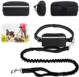 Hands-Free Waist Dog Leash - Adjustable Bungee with Zipper Pouch & Reflective Strips for Running/Walking Medium-Large Dogs (Black, Single Leash)