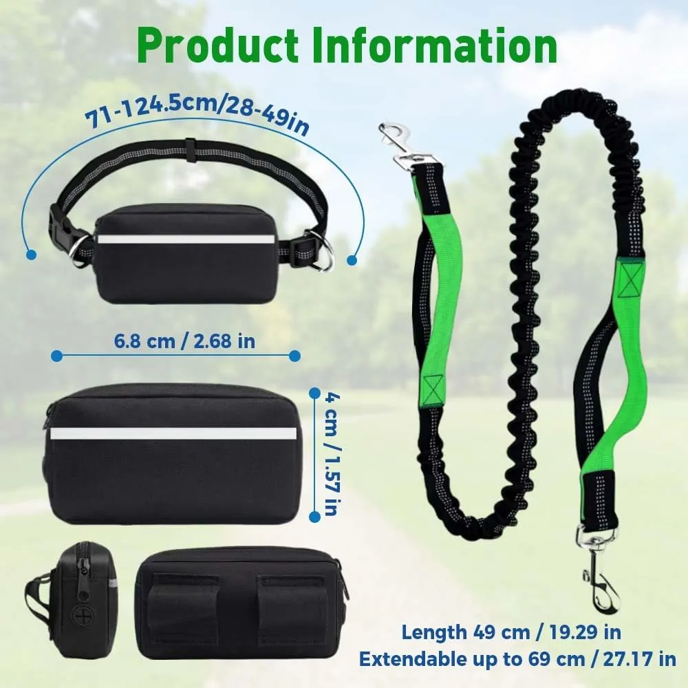 Hands-Free Waist Dog Leash - Adjustable Bungee with Zipper Pouch & Reflective Strips for Running/Walking Medium-Large Dogs (Black, Single Leash)
