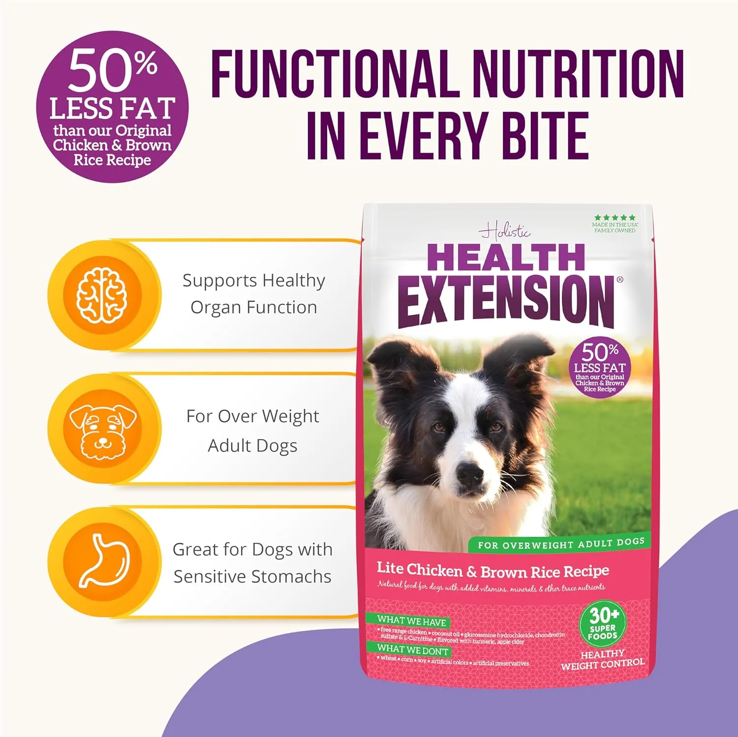 Health Extension Lite Chicken & Brown Rice Dry Dog Food (1 lb / 0.45 kg) - Low-Fat Formula with Glucosamine, Probiotics & Omega 3 for Overweight, Spayed, Neutered, or Senior Dogs