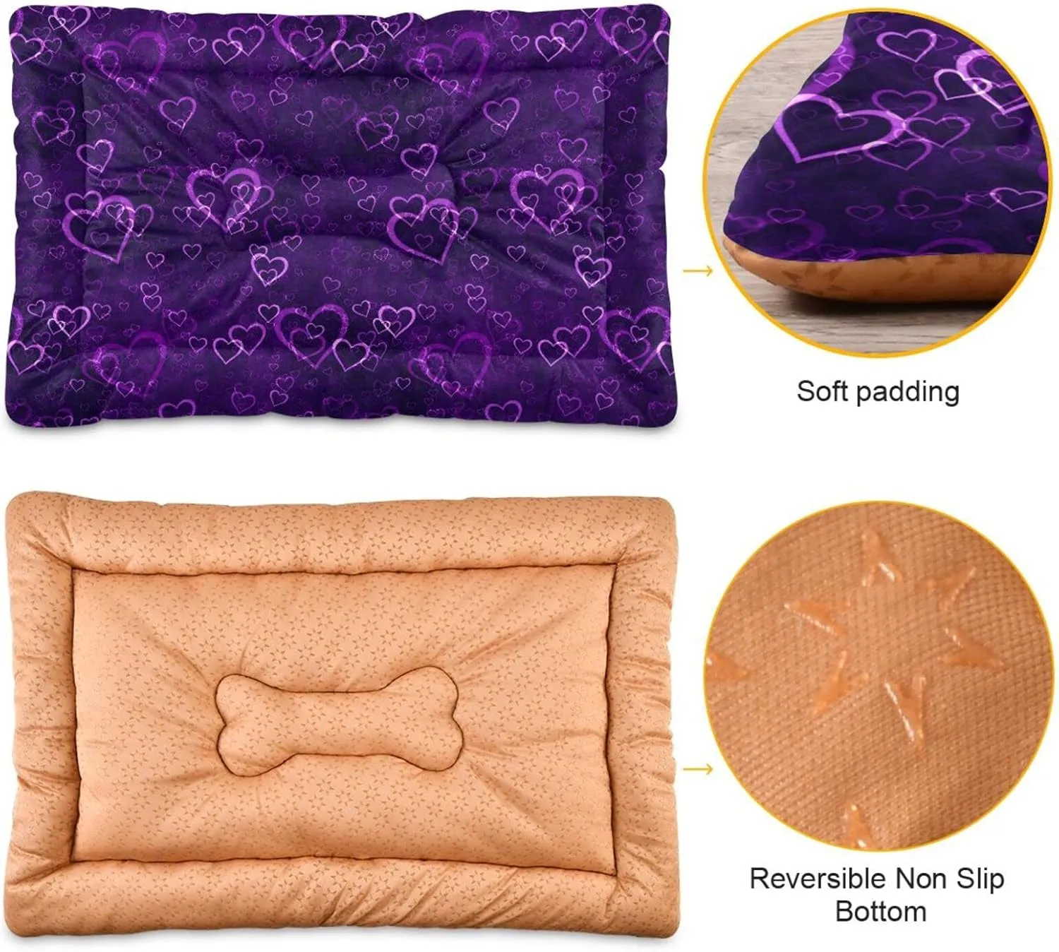 Hearts Purple Dog Bed Cat Bed Soft Washable Pet Crate Mat Non Slip Comfortable Dog Kennel Crate Mat for Medium Large Small Dogs Cats, 24 x 36 Inch