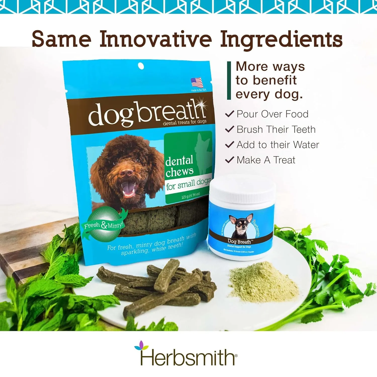 Herbsmith Dog Breath - Dog Dental Care Solution - Natural Dog Breath Freshener That Tackles Tartar - Dental Powder for Dogs - 75g Powder