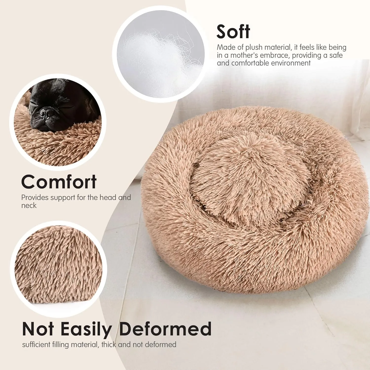 Hoewina Dog & Cat Bed for Indoor Cats, 20in Calming Donut Bed for Puppy and Kitten, Washable Round Fluffy Pet Bed for Small Medium Dogs and Cats (Camel)