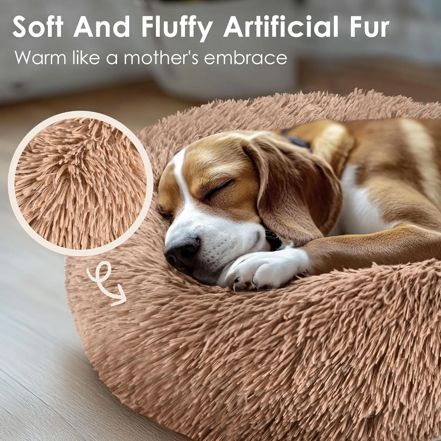Hoewina Dog & Cat Bed for Indoor Cats, 20in Calming Donut Bed for Puppy and Kitten, Washable Round Fluffy Pet Bed for Small Medium Dogs and Cats (Camel)