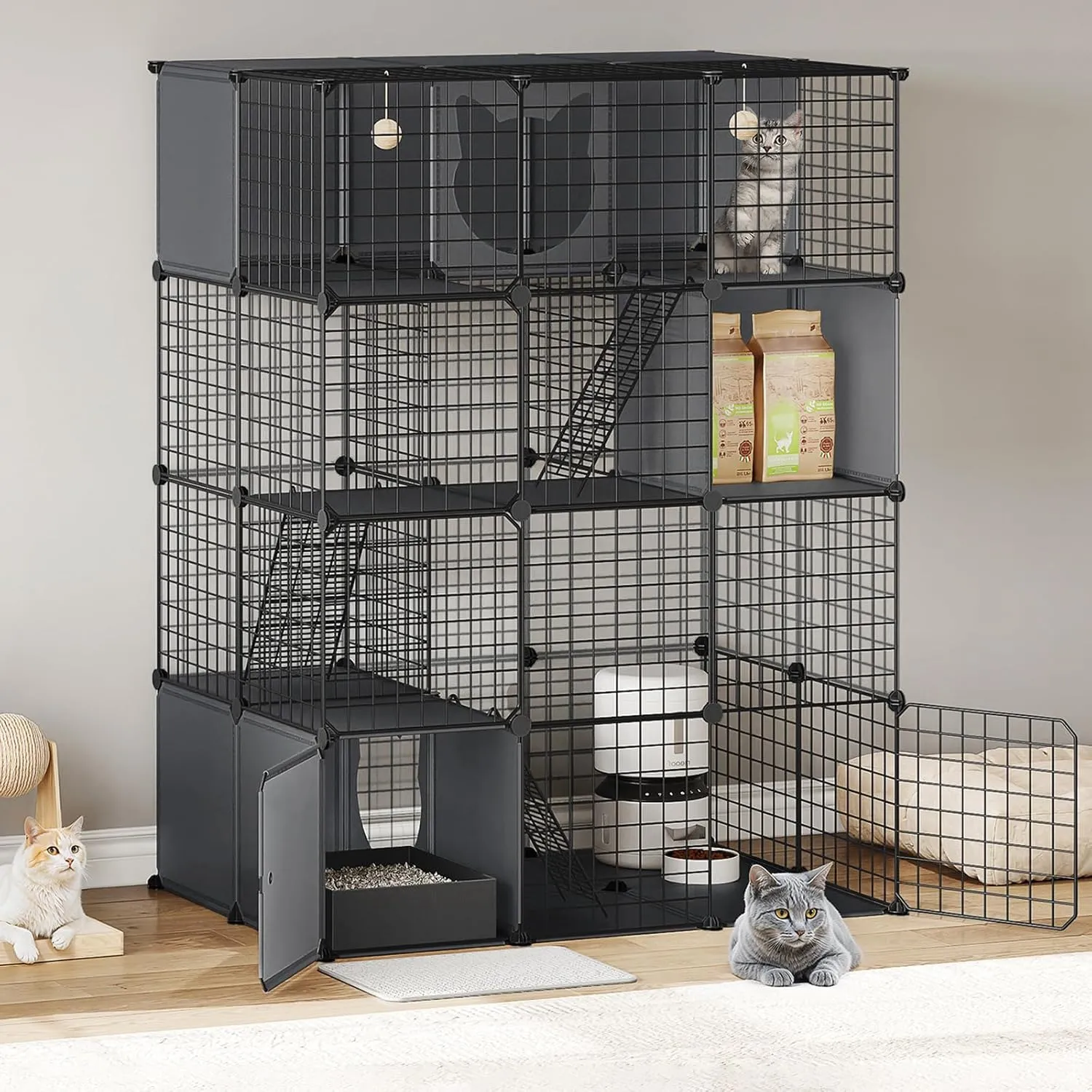 HOOBRO Cat Cage with Litter Box, 4 Tier Cat Enclosure Indoor with Storage, Detachable Metal Wire Crate Catio Kennel, DIY Cat Playpen for Cats and Small Animals, Black BK43PP03