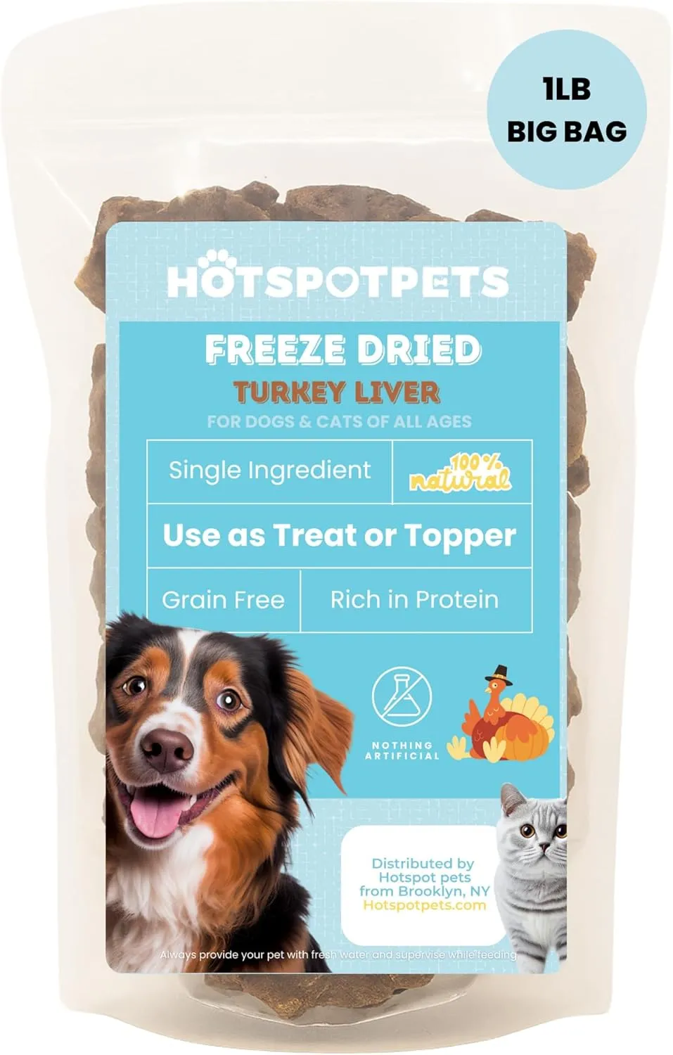 hotspot pets Freeze Dried Turkey Liver Treats for Cats & Dogs -Made in USA, 1lb Big Bag, Single Ingredient All Natural Grain-Free Turkey Liver- Perfect for Training, Topper or Snack