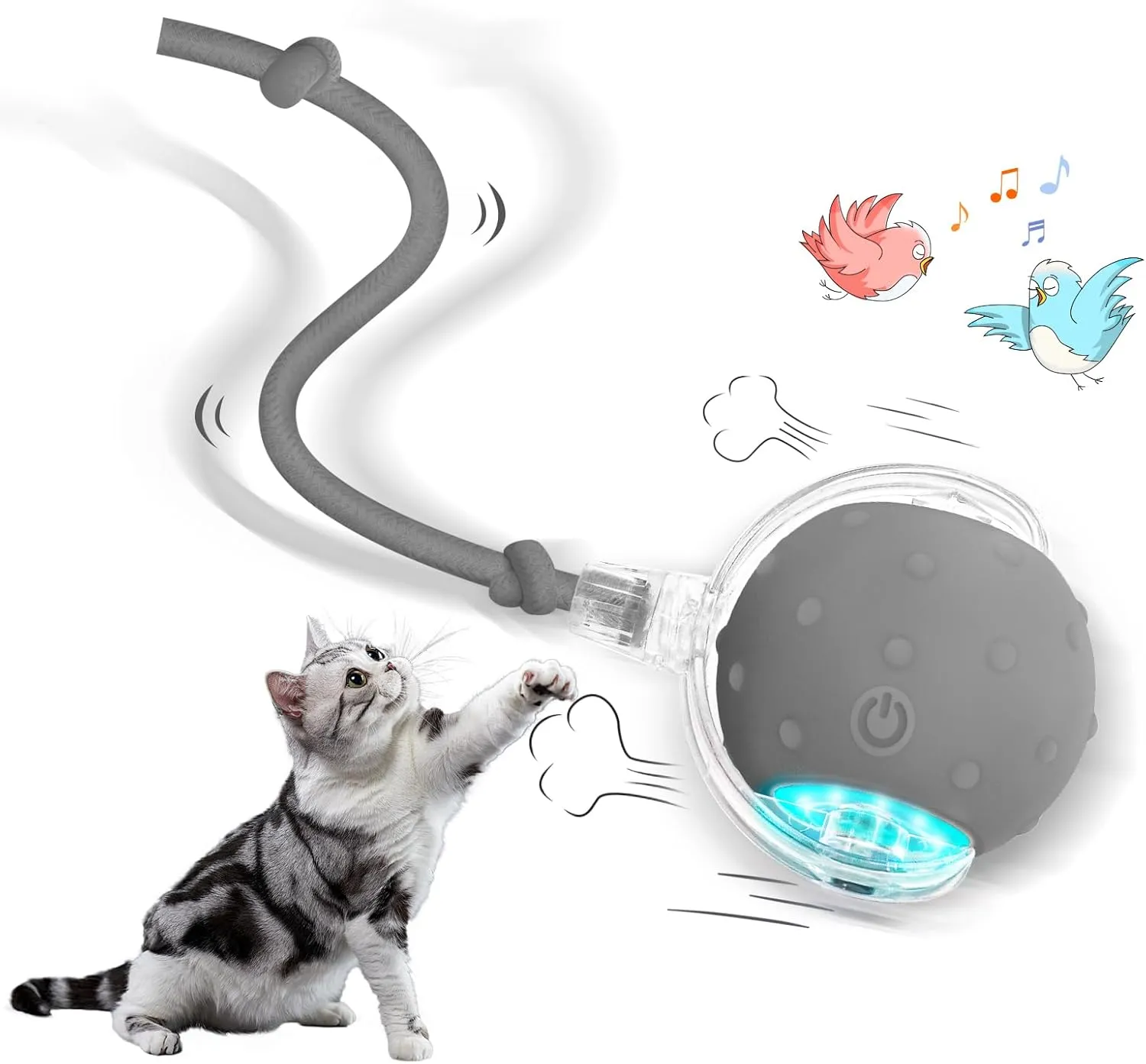 Interactive Cat Toys Ball for Indoor Cats Electric Chirping Bird Fast Moving Rolling Ball on Carpet, Chirping & Motion Activate Kitty Cat Toys (Gray)