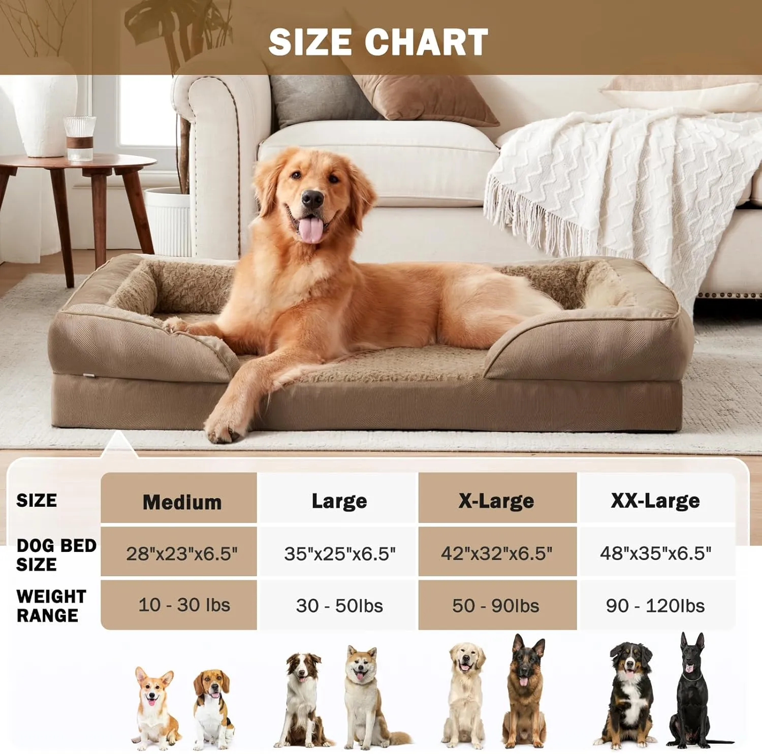 INVENHO Orthopedic Dog Beds Large Sized, XL Washable Dog Sofa with Egg-Crate Foam, Waterproof Lining and Non-Skid Bottom